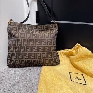 Fendi Zucca Hobo Brown and Black Shoulder Bag with Iconic FF Monogram